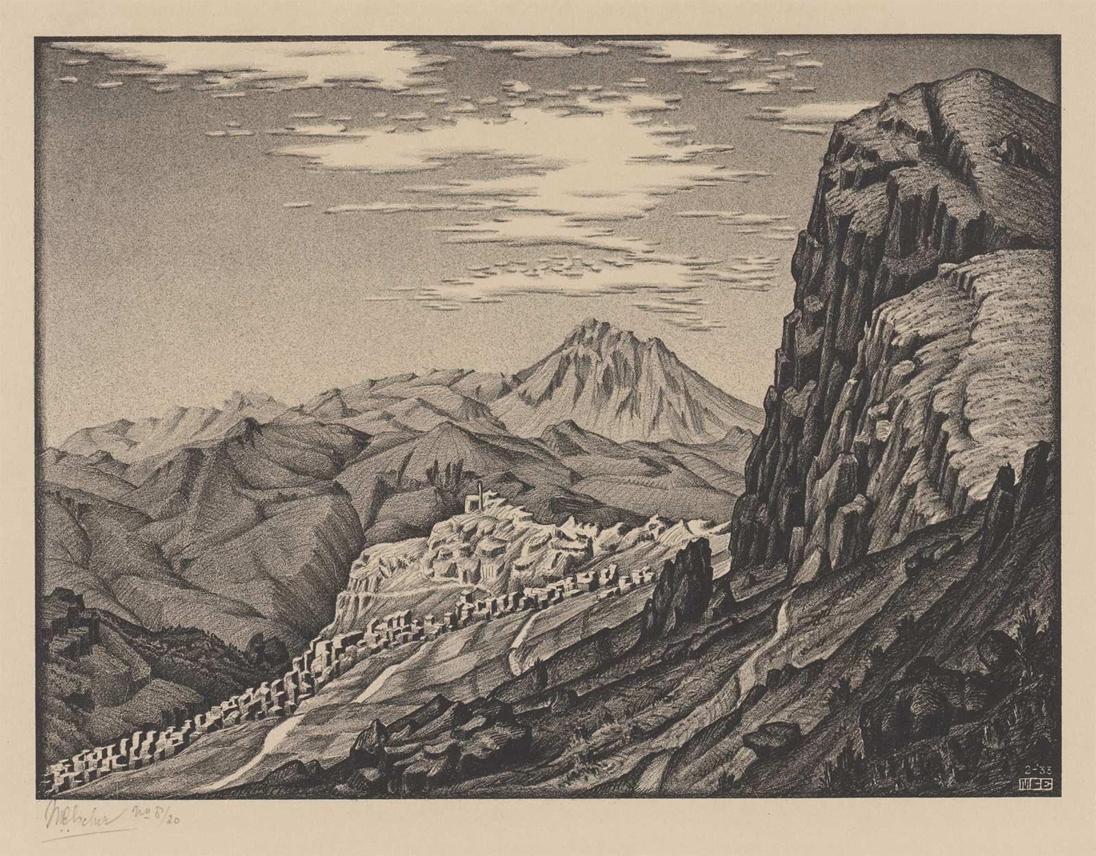 M.C. Escher, Caltavuturo in de Madonische bergen, Sicilië, litho, februari 1933