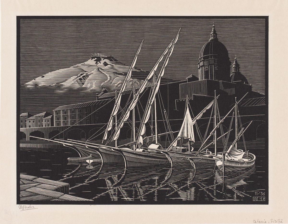 M.C. Escher, Catania, Sicily, wood engraving, November 1936