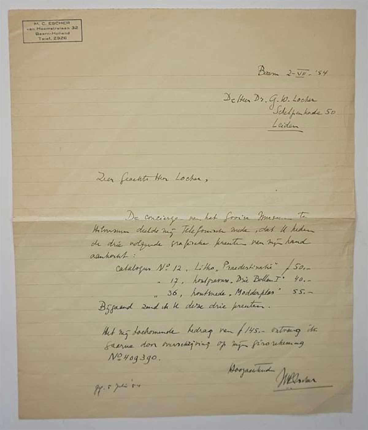 The handwritten invoice by Escher to Locher, 2 July 1954. Photo: Catawiki.