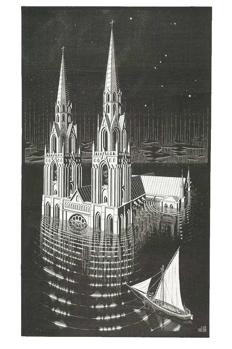 M.C. Escher, La Cathédrale Engloutie (The drowned cathedral), woodcut, January 1929