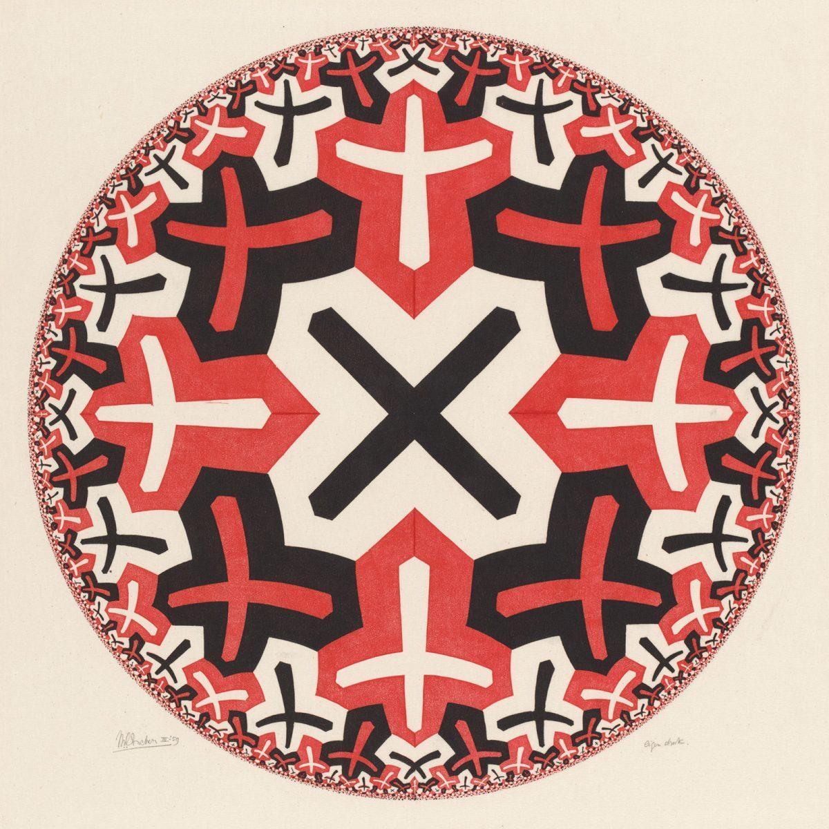 M.C. Escher, Circle limit II, woodcut in red and black, printed from two blocks, March 1959