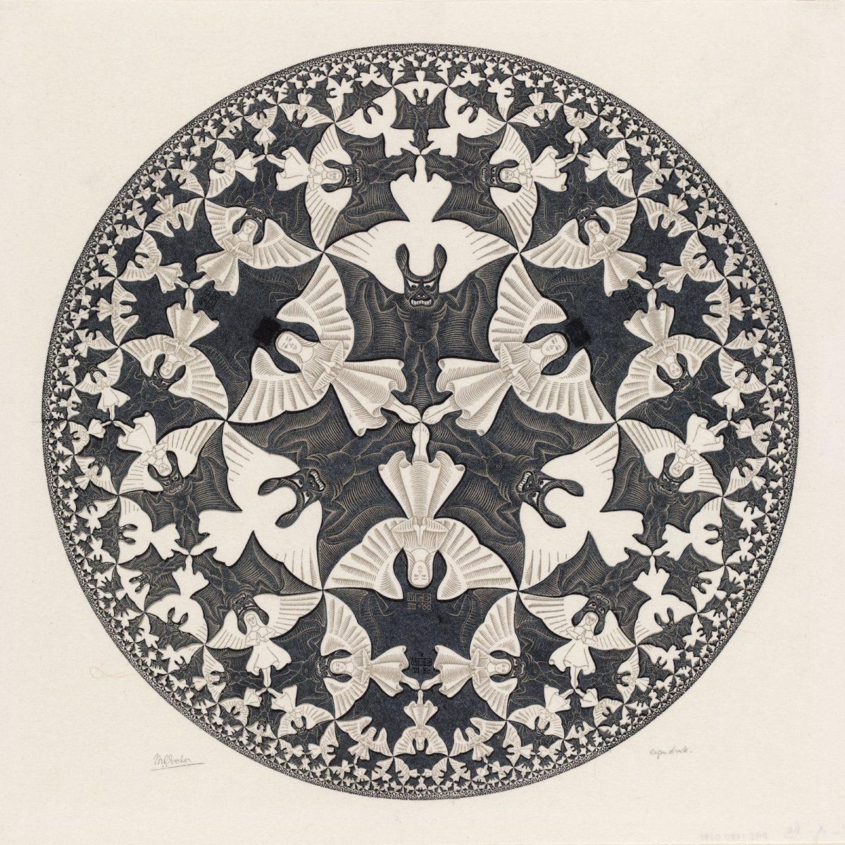 M.C. Escher. Cirkellimiet IV (Hemel en hel), houtsnede in oker en zwart, gedrukt van twee blokken, juli 1960