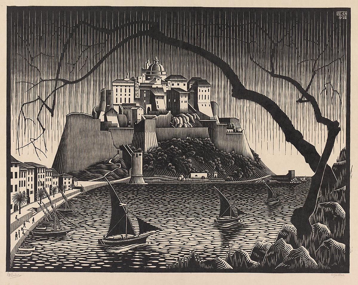 M.C. Escher, Citadel of Calvi, Corsica, woodcut, October 1928