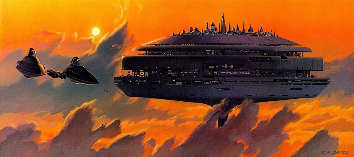 Concepttekening van Cloud City door illustrator Ralph Angus McQuarrie