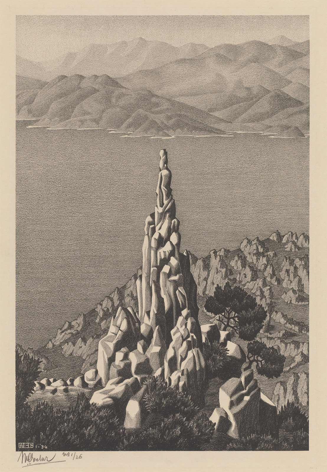 M.C. Escher, Corsica, Calanche (Calanche van Piana, Corsica), litho, januari 1934
