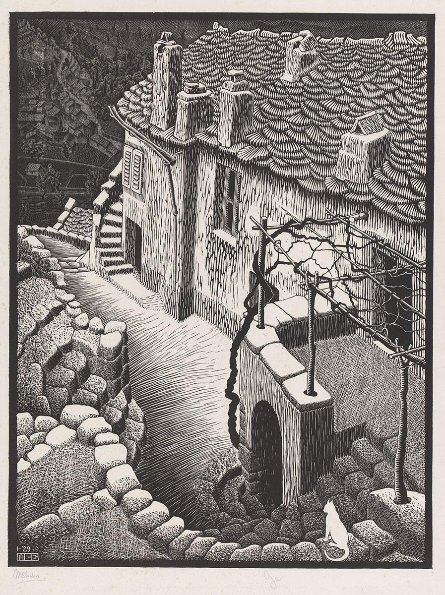 M.C. Escher, Corte, Corsica, woodcut in grey and black, printed from two blocks, January 1929