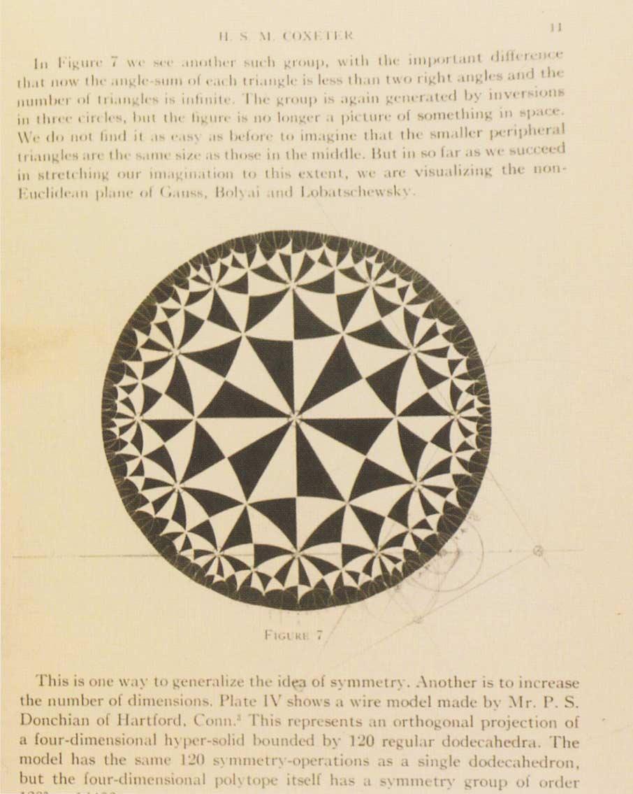 Een pagina uit het artikel van Coxeter met de bewuste afbeelding waarvan Escher zo onder de indruk was. Met potlood, linaal en passer heeft hij geprobeerd het achterliggende schema te construeren.