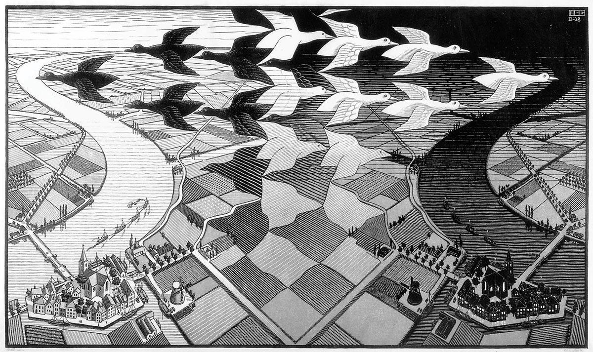 M.C. Escher, Day and Night, woodcut in black and grey, printed from two blocks, February 1938