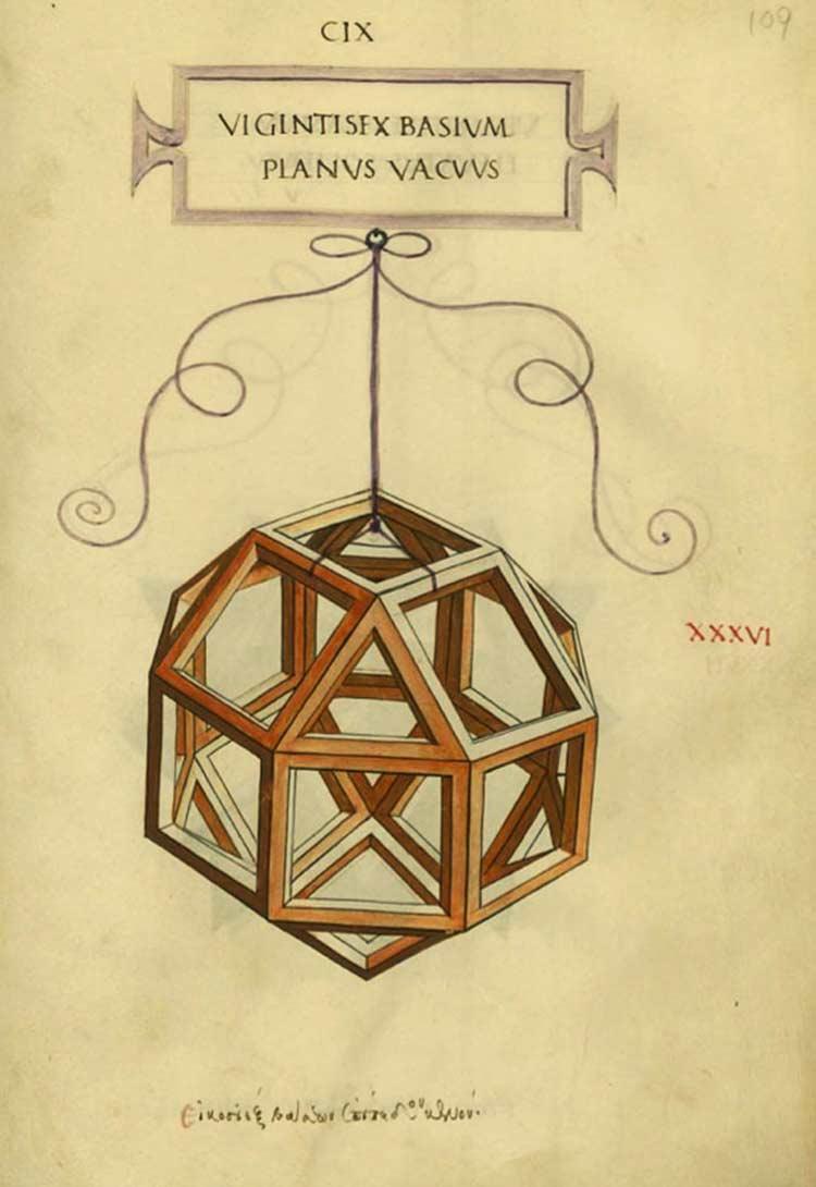 According to the Dutch mathematician and artist Rinus Roelofs, however, he errs in his representation of this rhombicuboctahedron with pointed protrusions: the lower pyramid should have a triangular instead of a square ground plane.