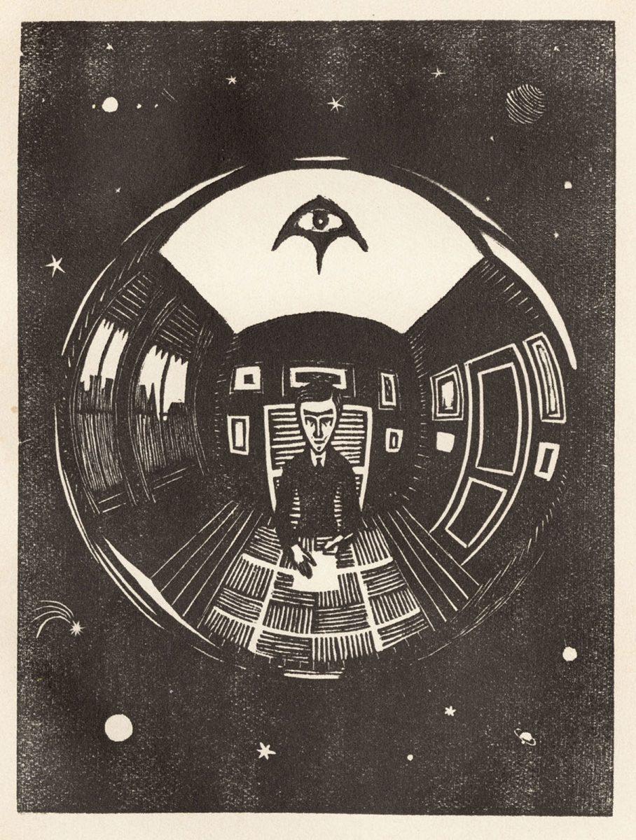M.C. Escher, The Sphere (Self-portrait), woodcut in the booklet Flor de Pascua, 1921