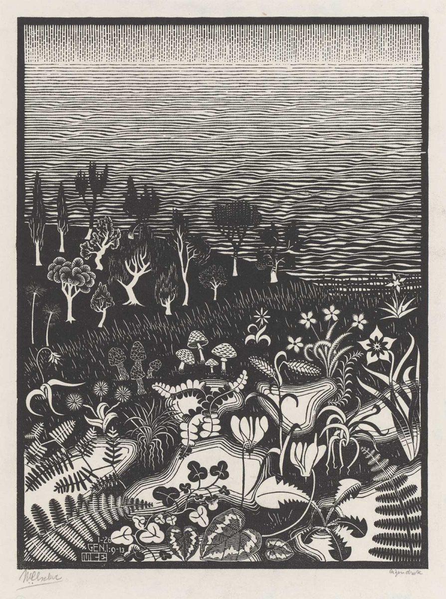 M.C. Escher, De derde scheppingsdag, houtsnede, januari 1926