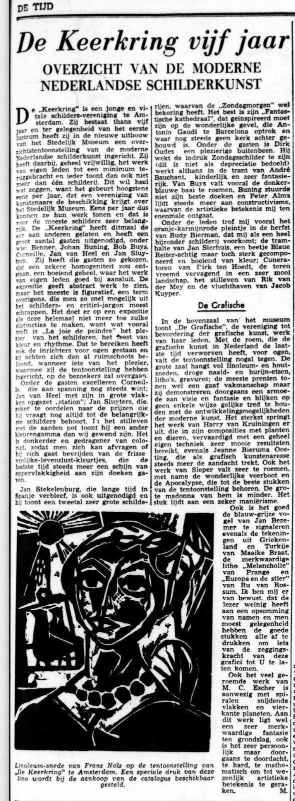 Article from 'De Tijd' from 1 April 1955 in which Eschers work is called 'too well thought out, too rigid, too mathematical to have any artistical merit.'
