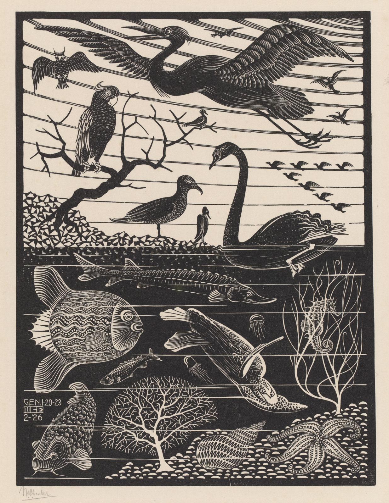 M.C. Escher, The Fifth Day of Creation, woodcut, 1926