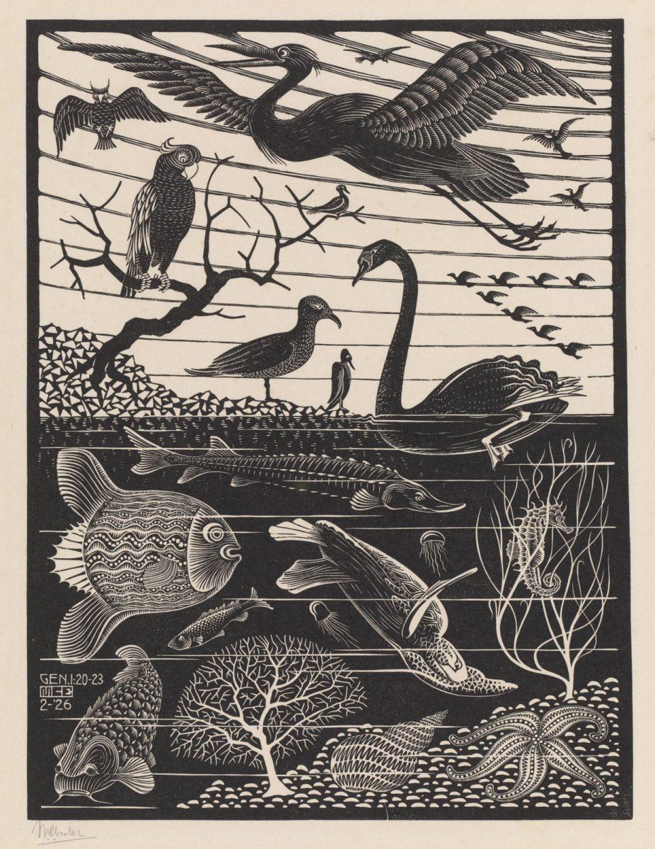 M.C. Escher, De vijfde scheppingsdag, houtsnede, 1926