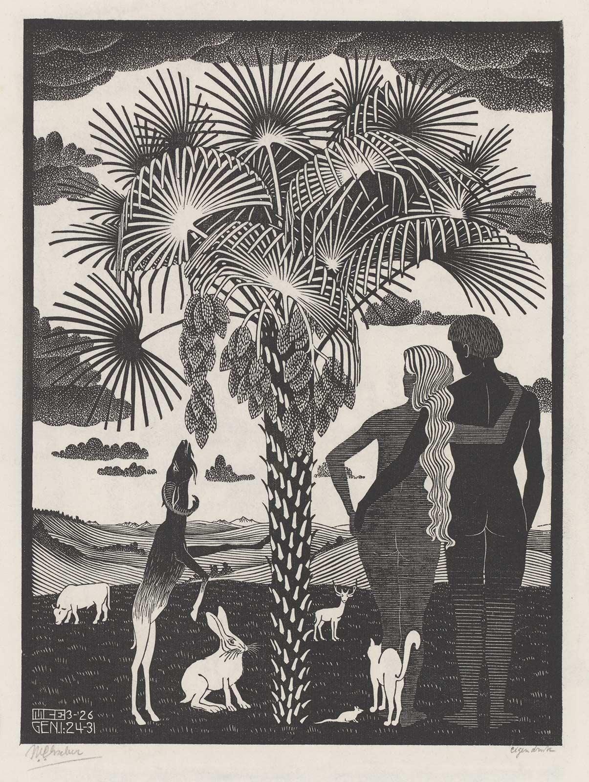 M.C. Escher, De zesde scheppingsdag, houtsnede, maart 1926