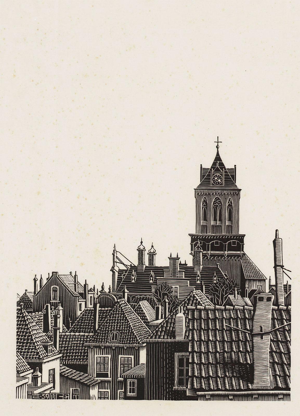 <p>M.C. Escher, Delft: Roofs, woodcut, August 1939</p>