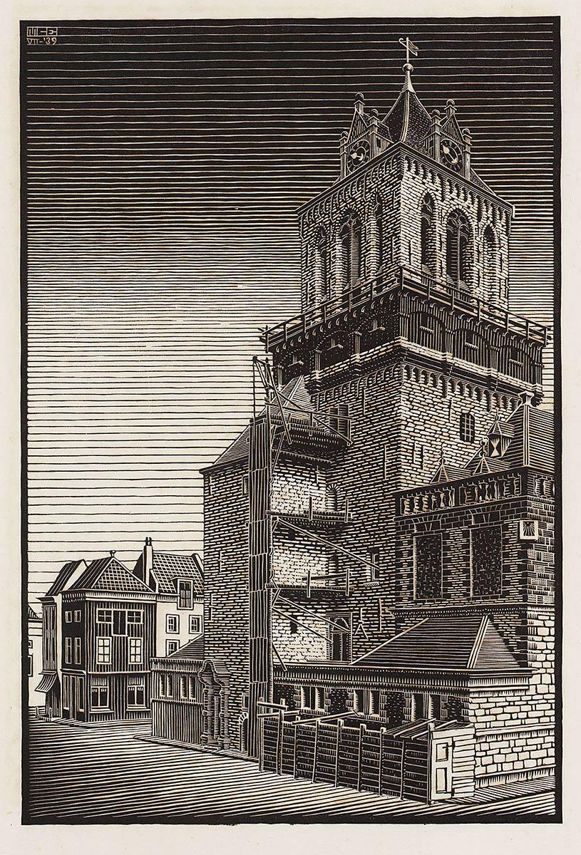 M.C. Escher, Delft: Town Hall, woodcut, July 1939