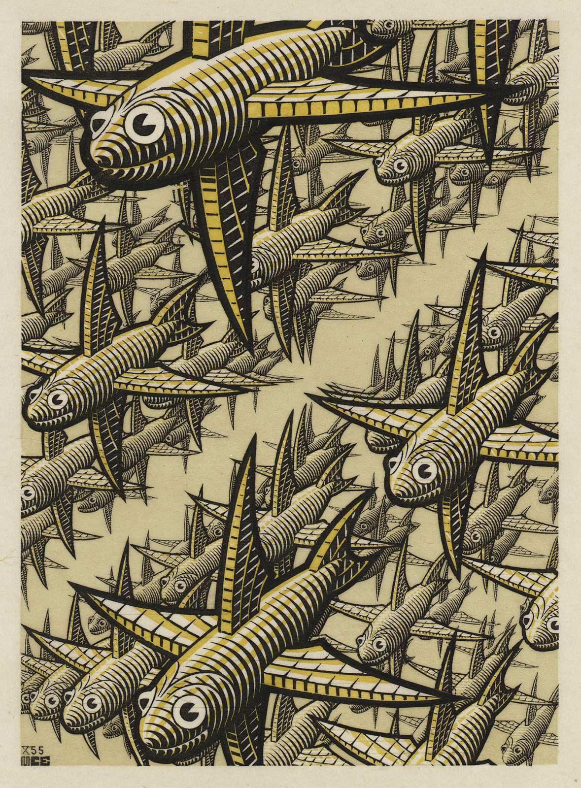 M.C. Escher, Depth, wood engraving and woodcut in brown-grey, grey-green and dark brown, printed from three blocks, October 1955
