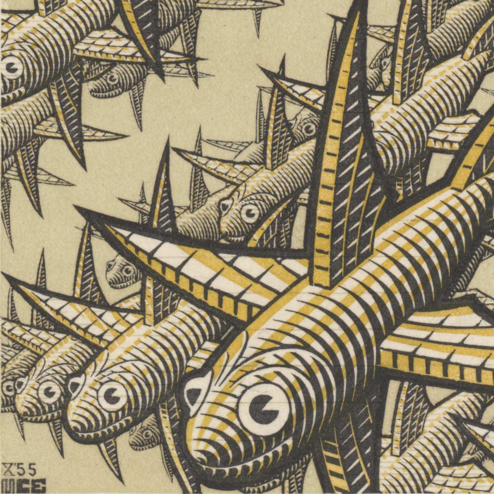 M.C. Escher, Diepte. houtgravure en houtsnede in bruinrood, grijsgroen en donkerbruin, gedrukt van drie blokken, oktober 1955 (detail)