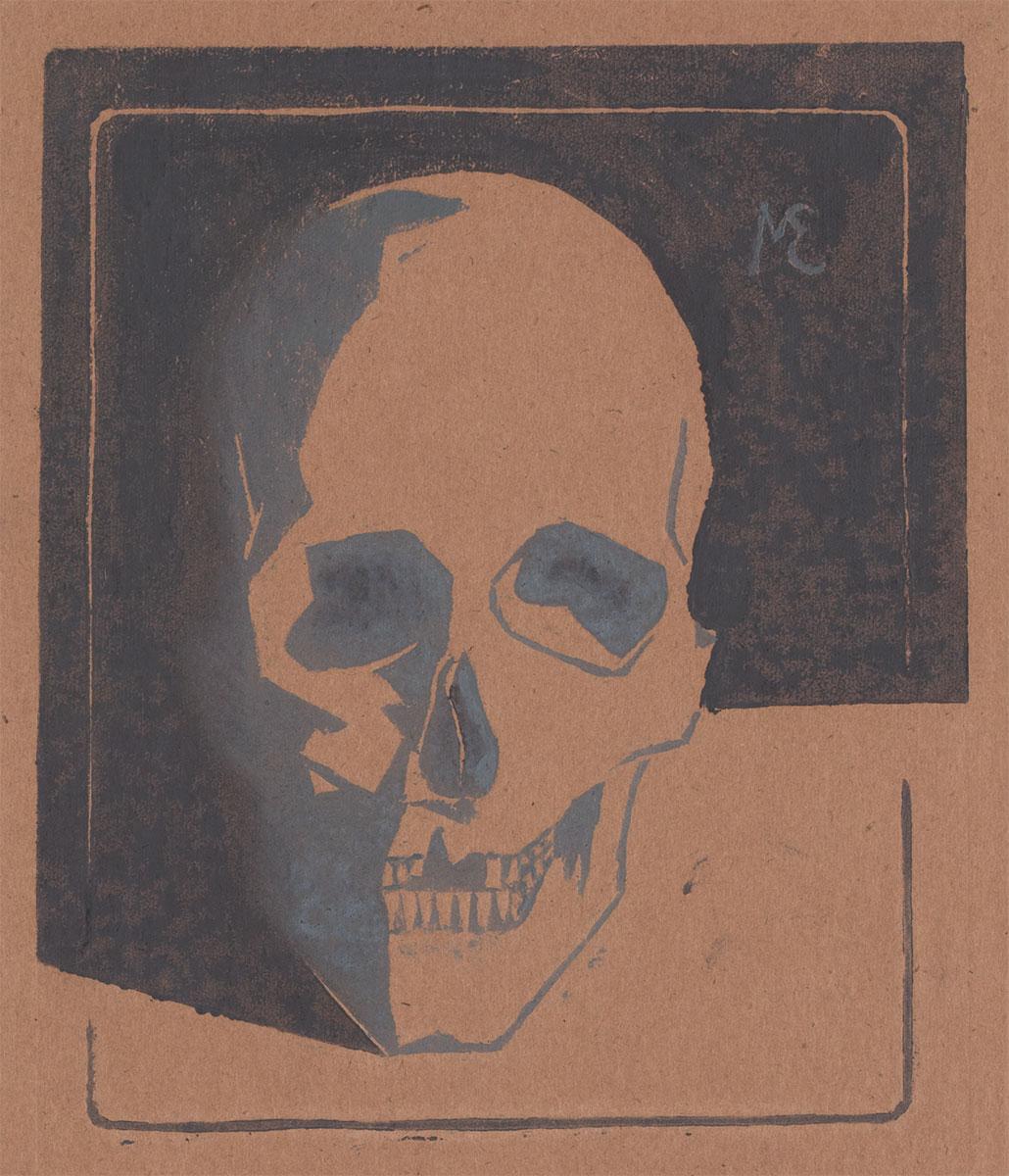 M.C. Escher, Skull, linoleum cut in two tones of grey, touched up by hand, January 1917