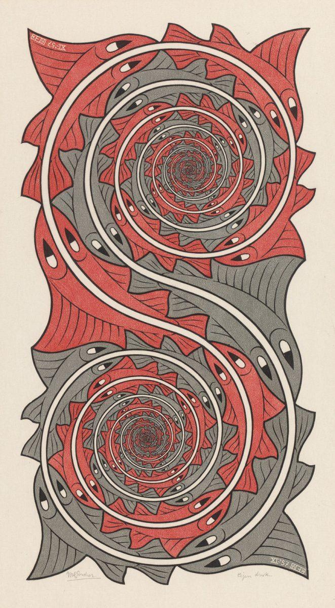 M.C. Escher, Draaikolken, houtgravure en houtsnede in rood, grijs en zwart, gedrukt van twee blokken, november 1957