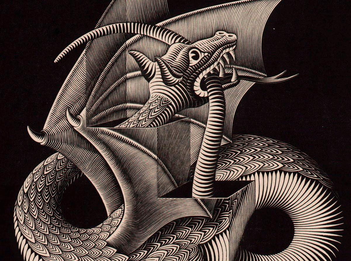 M.C. Escher, Dragon, wood engraving, March 1952 (detail head and tail)