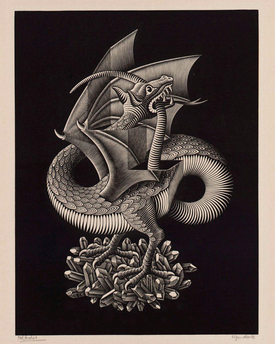 M.C. Escher, Dragon, wood engraving, March 1952