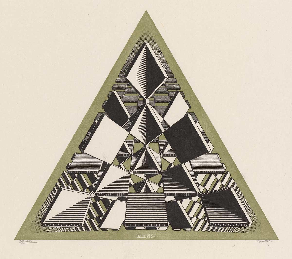 M.C. Escher, Three Intersecting Planes, woodcut in green and black, printed from two blocks, June 1954