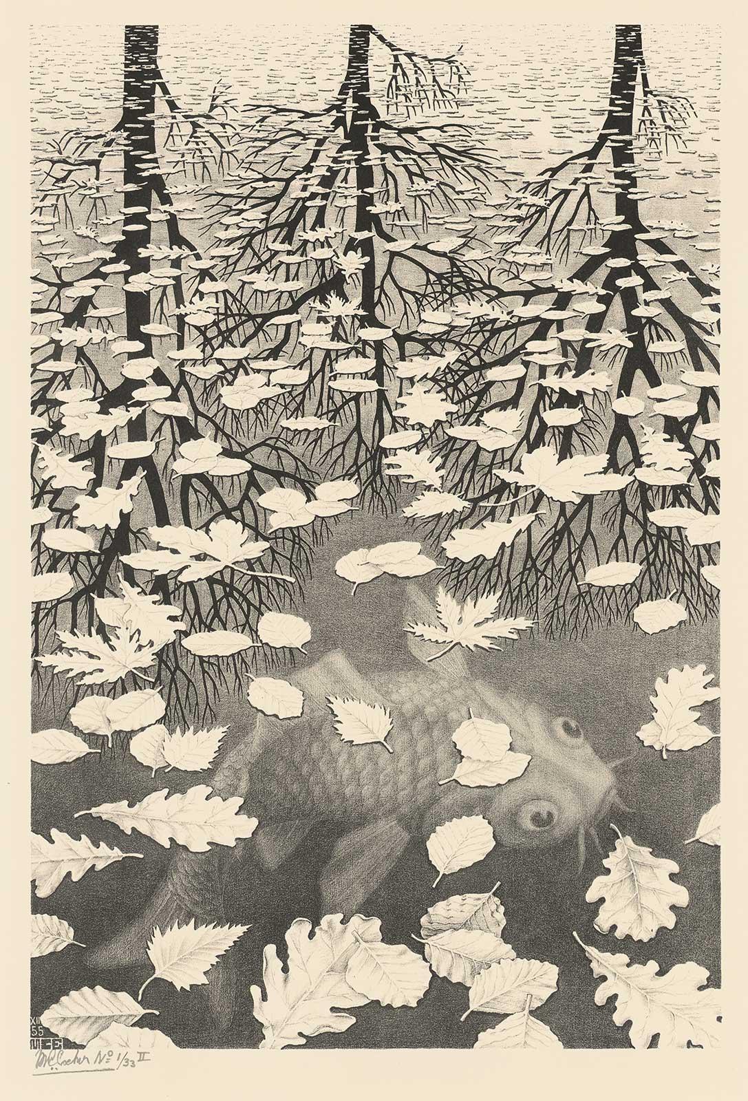 M.C. Escher, Drie werelden, litho, december 1955
