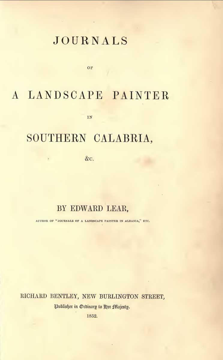 Edward Lear, Journals of a Landscape Painter in Southern Calabria, title page