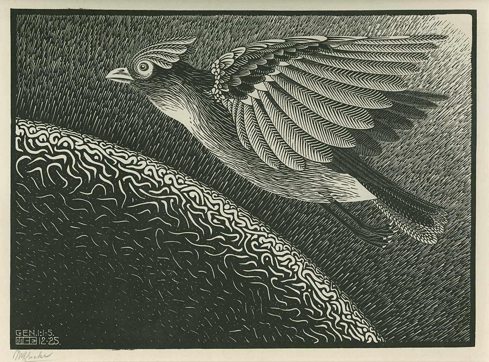 M.C. Escher, The First Day of Creation, woodcut, December 1925