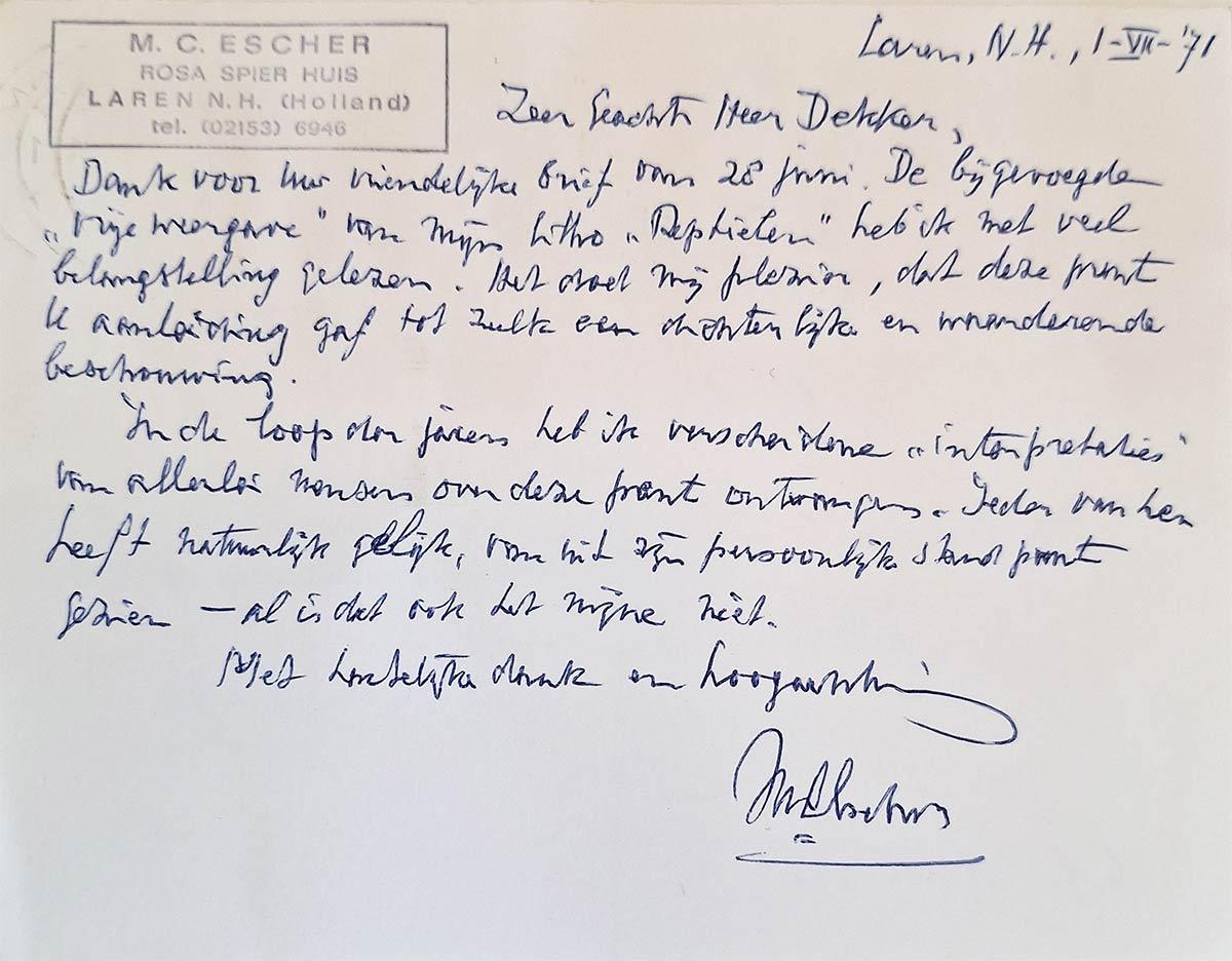 Briefkaart van M.C. Escher aan de heer H. Dekker, 1 juli 1971. Bruikleen van de kleindochter van Hendrik Dekker