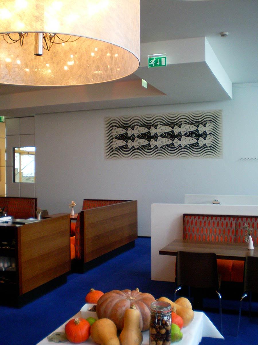 The mural containing the rows of fish in the restaurant of the Utrecht city theatre.