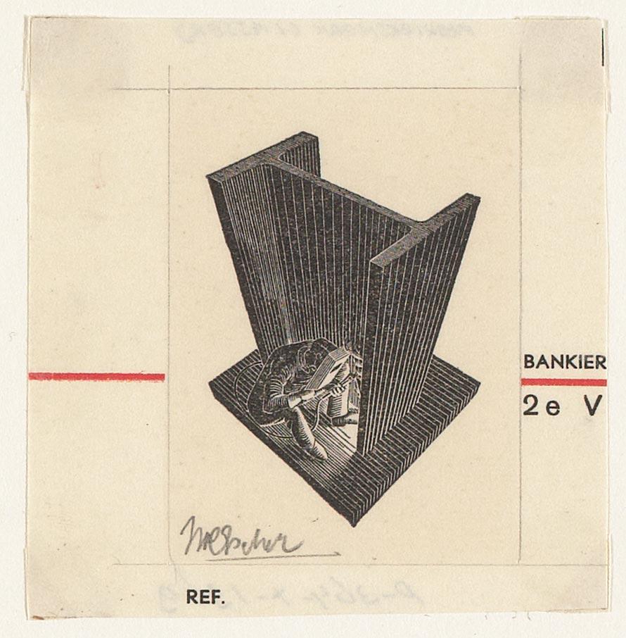 M.C. Escher, Trademark (Welder), woodcut, September 1935. Cliché (4.7 x 3.3 cm)