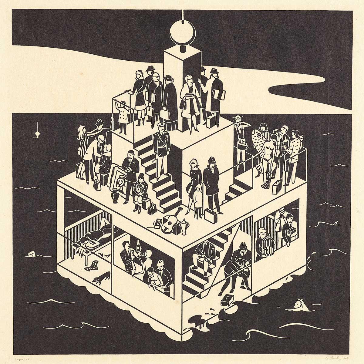 Gerd Arntz, Top-end, Linoldruck, 1968. Sammlung Kunstmuseum Den Haag