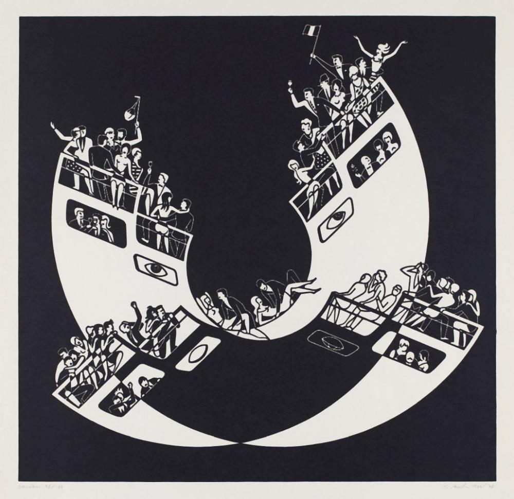 Gerd Arntz, Schaukel (Swing). linoleum cut, 1966