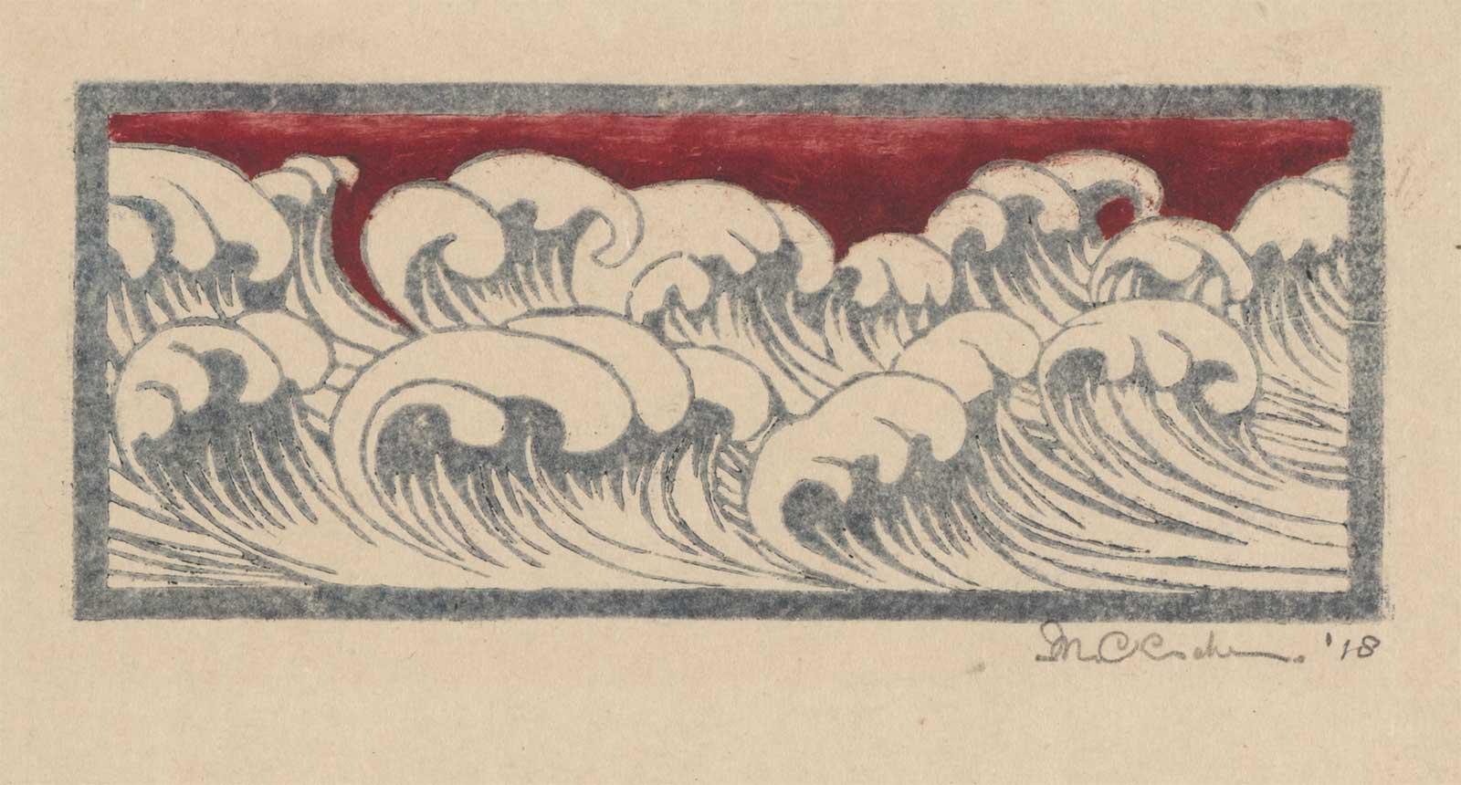 M.C. Escher, Waves, linoleum cut and watercolour in grey and red, 1918