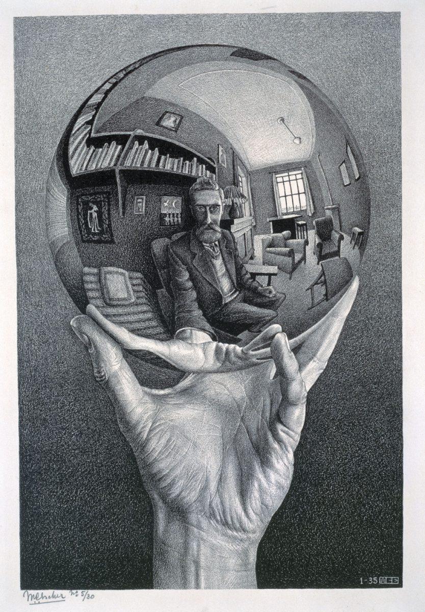 M.C. Escher, Hand with reflecting sphere (Self-portrait in spherical mirror), lithograph, January 1935