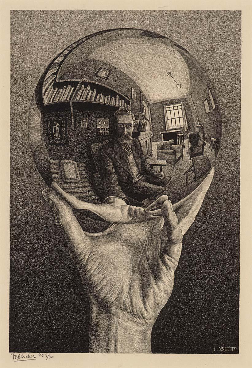 M.C. Escher, Hand with Reflecting Sphere (Self-Portrait in Spherical Mirror), lithograph, January 1935