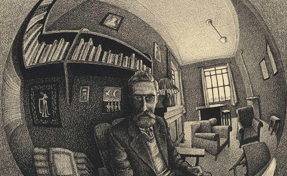 Detail, met het weerspiegelde interieur van het atelier