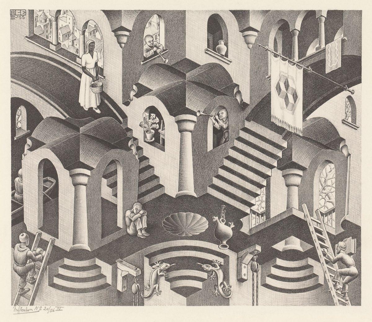 M.C. Escher, Convex and concave, lithograph, March 1955