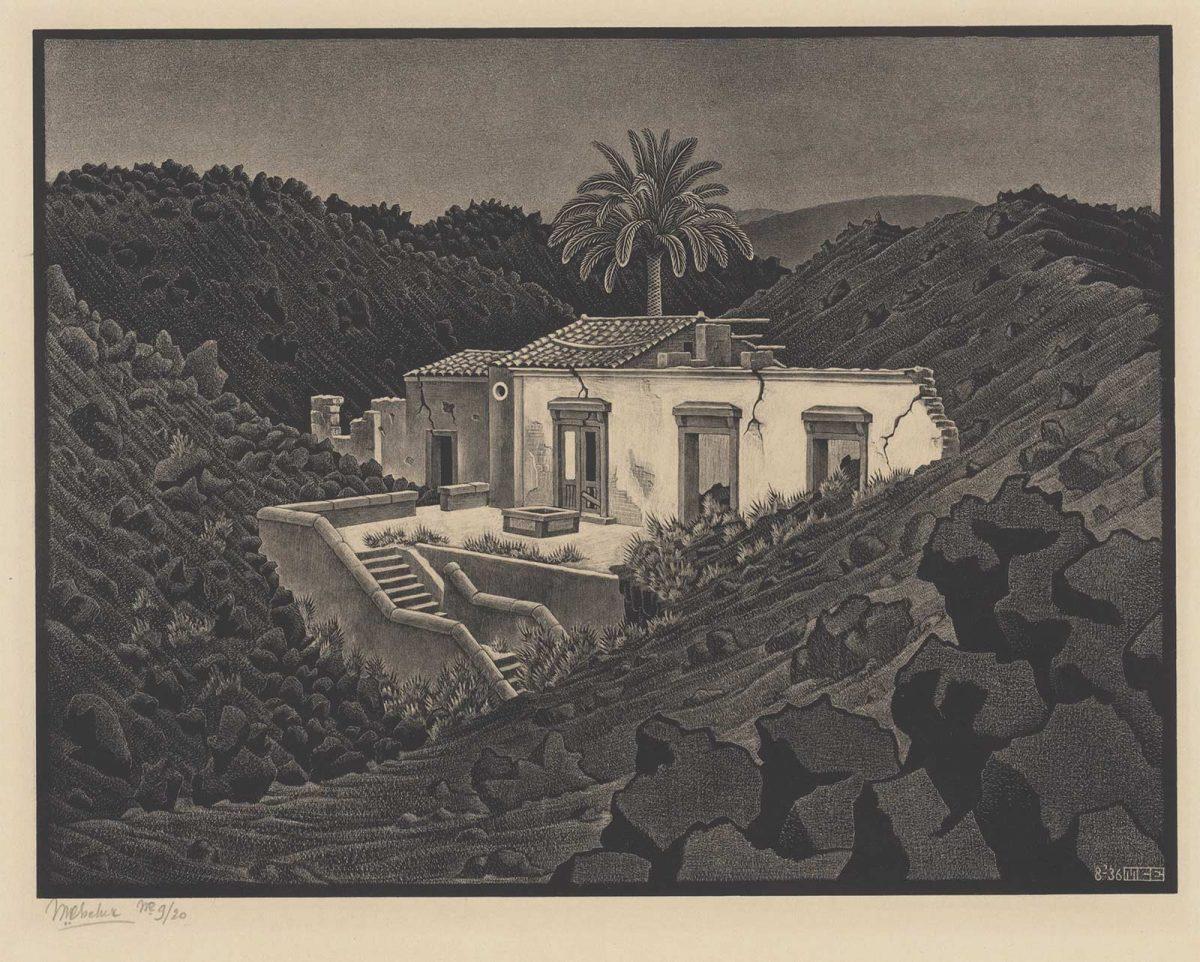 M.C. Escher, Huisje in de lava bij Nunziata, Sicilië, litho, augustus 1936