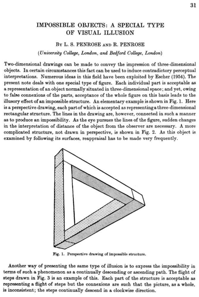 'Impossible objects: a special type of visual illusion' by L.S. Penrose en R. Penrose.