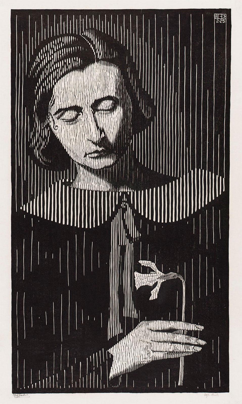 M.C. Escher, portret G. Escher-Umiker (Jetta), houtsnede, februari 1925