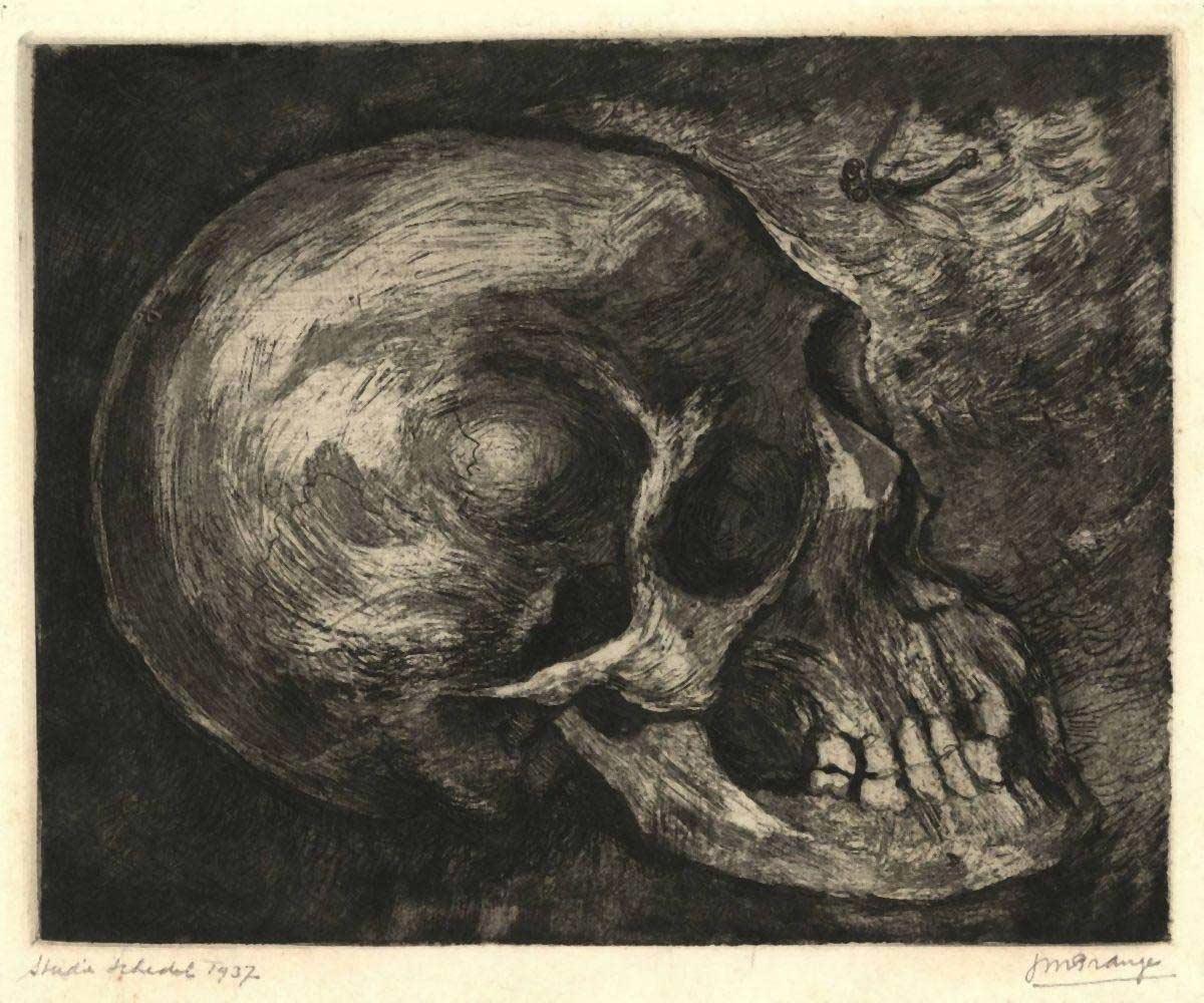 J.M. Prange, skull study, etching, 1937