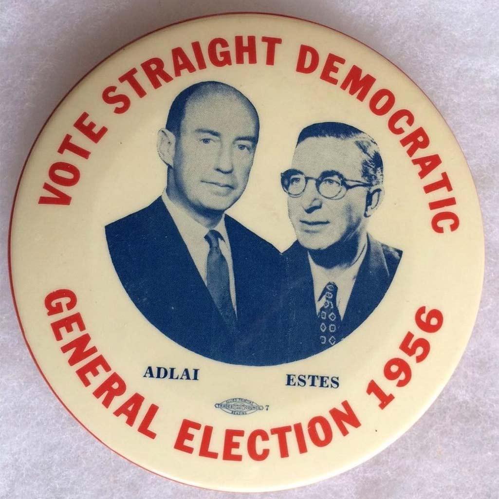 Het Democratic Committee wees Kefauver na de nominatie van Stevenson aan als vicepresidentskandidaat en samen verschenen ze op deze button.