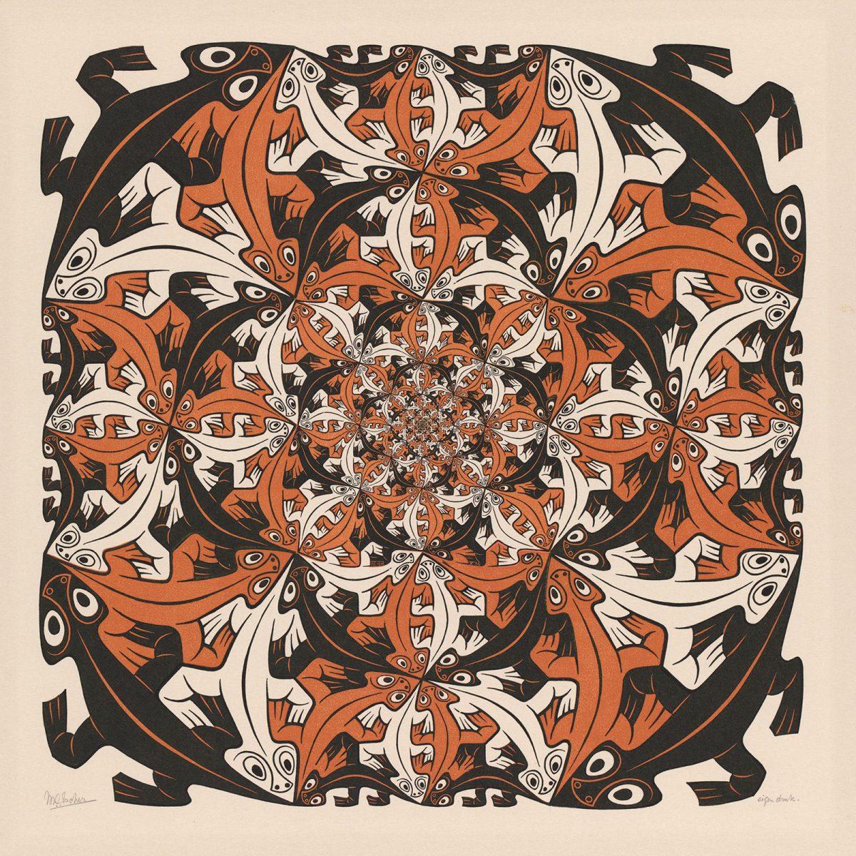 M.C. Escher, Kleiner en kleiner, houtgravure en houtsnede in zwart en bruin, gedrukt van vier blokken, oktober 1956