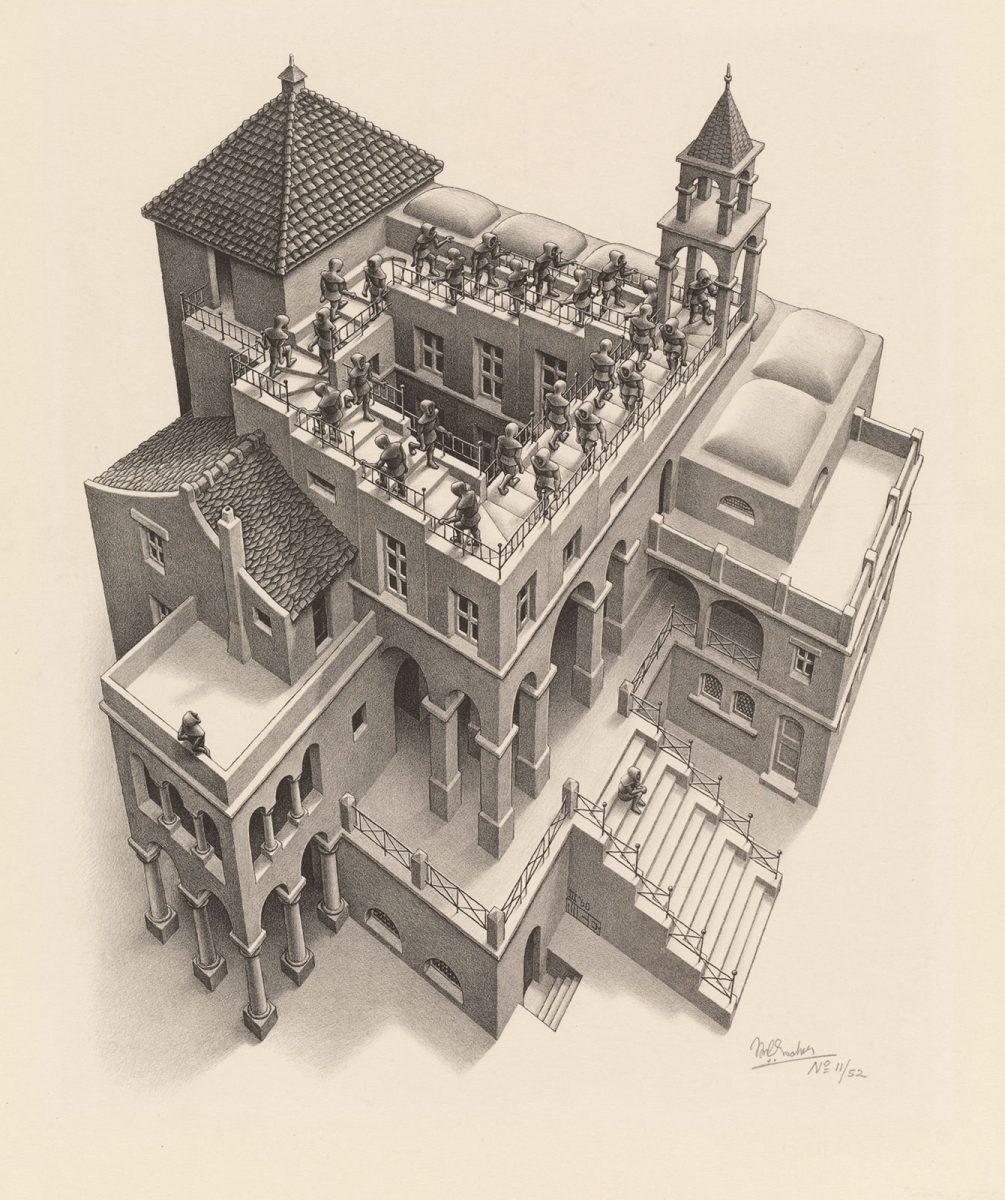 M.C. Escher, Ascending and Descending, lithograph, March 1960