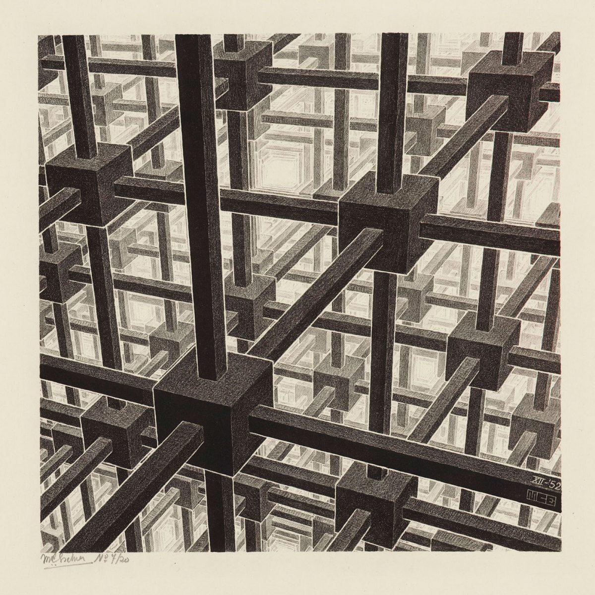 M.C. Escher, Cubic Space Division (Cubic Space Filling), lithograph, December 1952