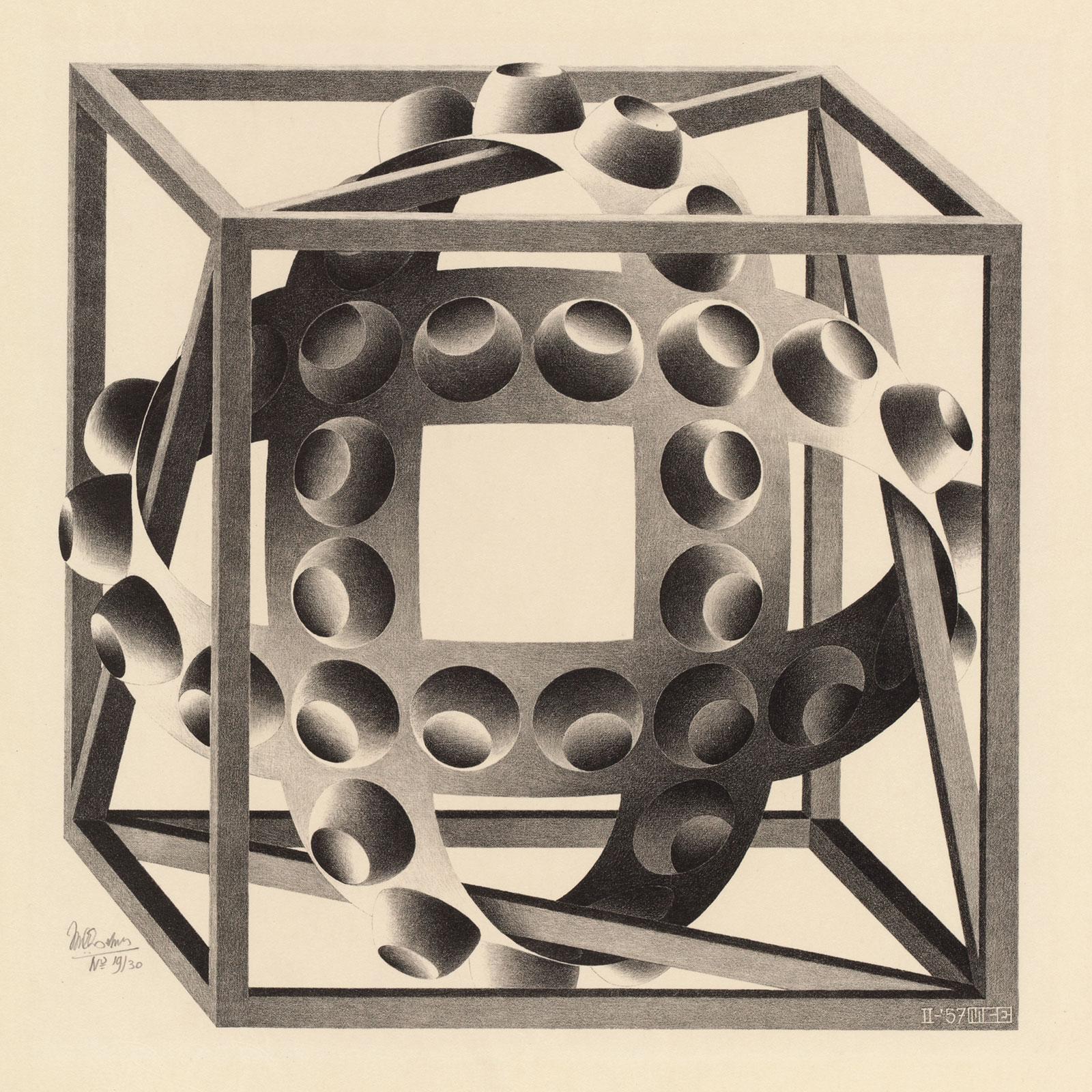 M.C. Escher, Cube with Ribbons, lithograph, February 1957
